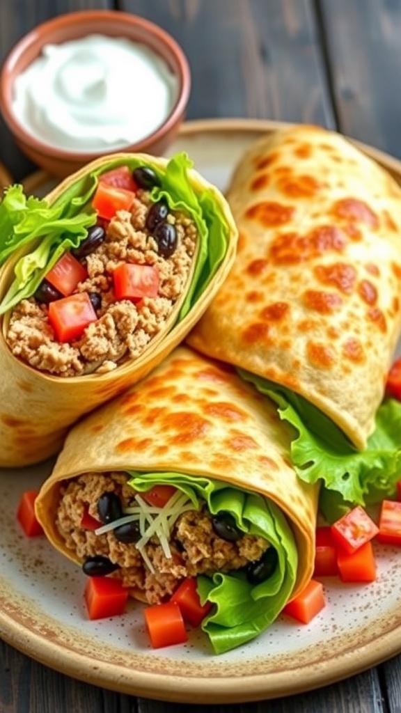 Healthy Air Fryer Crunchwrap Supreme Recipe A crispy air fryer crunchwrap supreme with layers of turkey, beans, lettuce, and tomatoes, served with yogurt and salsa.